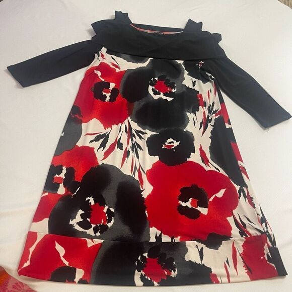 Clara Sun Woo Black Red Floral Dress Size Medium - Picture 1 of 6